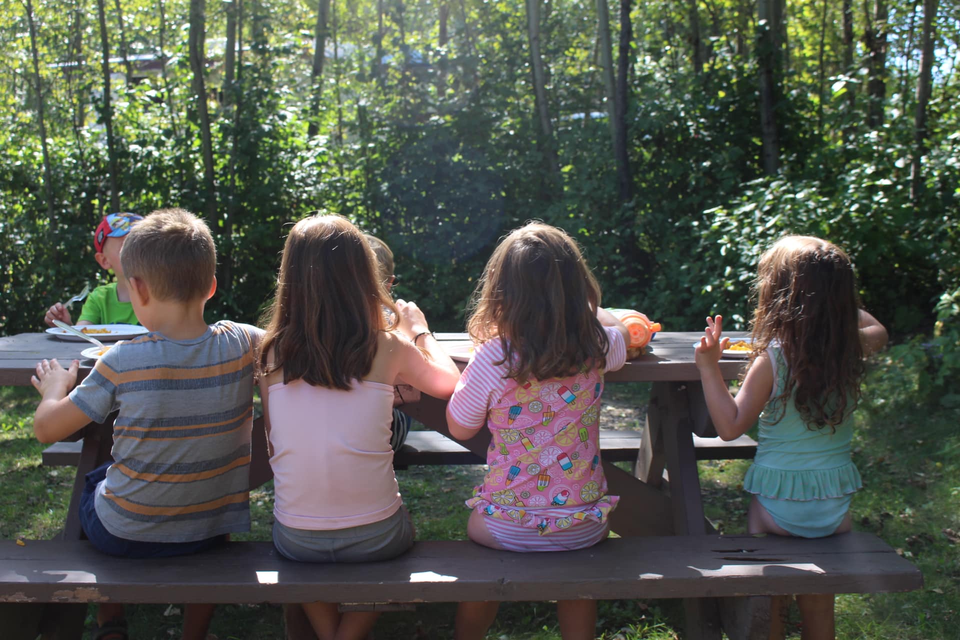 Backs of kids sitting at a picnic bench