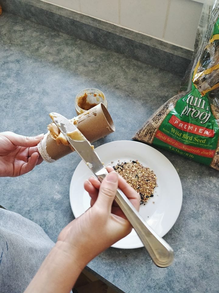 Spreading peanut butter onto the toilet roll for a DIY bird feeder