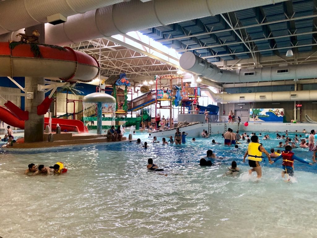Southland Leisure Centre wave pool with water slide in the background.
