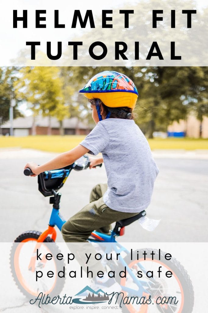 Pinterest Image - Photo of a child on a blue bike with training wheels with text overlaid saying "Helmet Fit Tutorial: keep your little pedalhead safe"