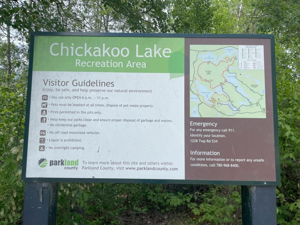 Chickakoo Lake Recreation Area Visitor Guidelines and trail map sign