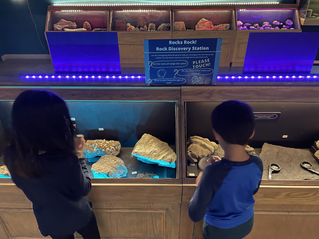 Kids investigating rocks and fossils in the geology exhibit