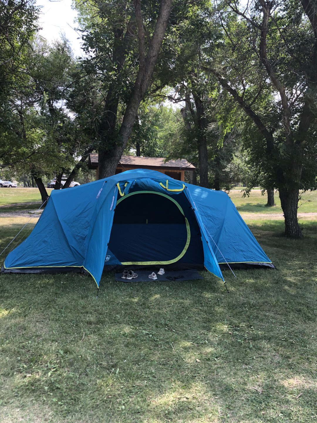 Blue tent set up at Little Bow Provincial Park Campground