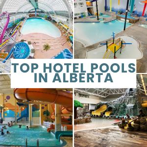 The best hotel pools in Alberta. From giant waterslide parks to a hot tub in a cave and a small town wave pool you can rent for parties. We detail them all in this post.