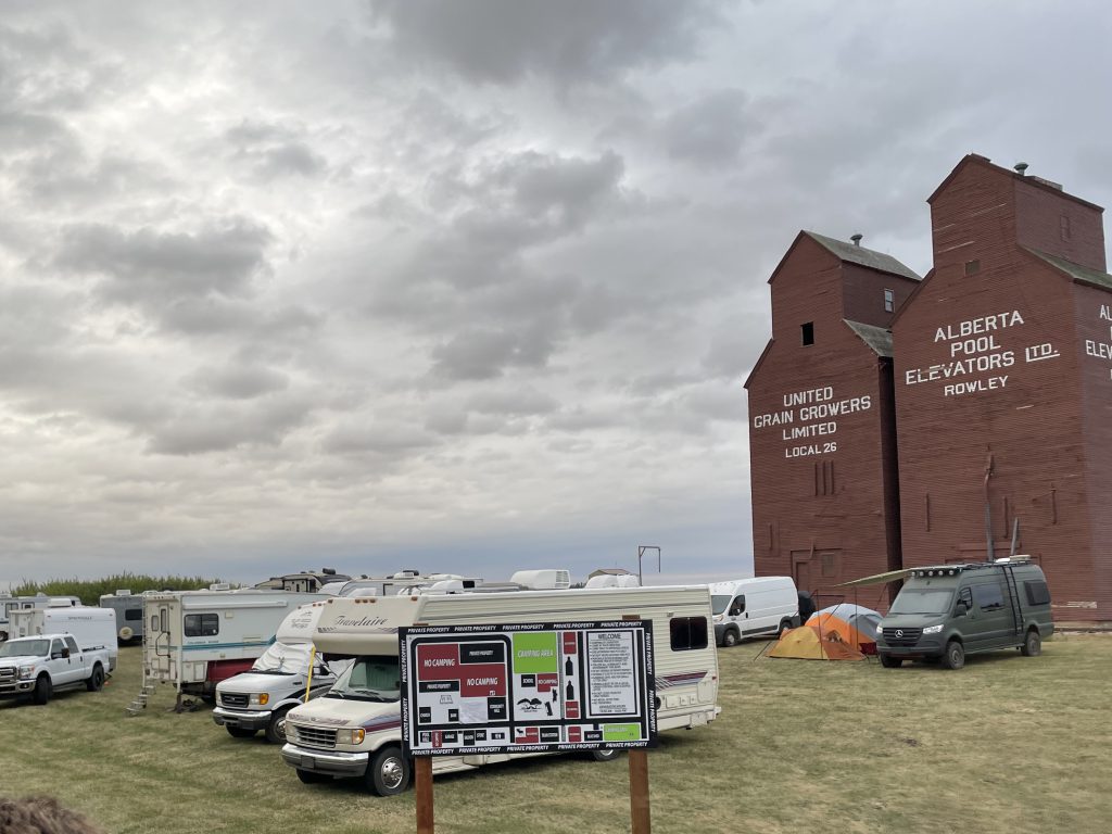 Camping in front of the grain elevators in Rowley, Alberta