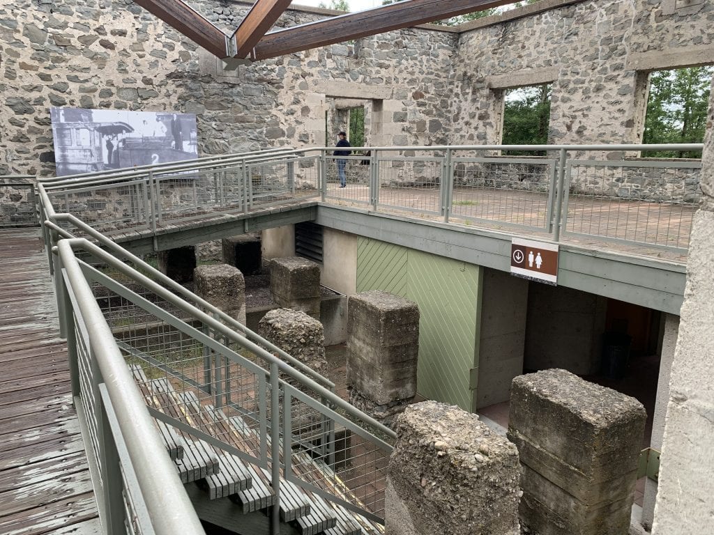 Interior of a building at Leitch Collieries with stairs leading down to the public rest rooms.