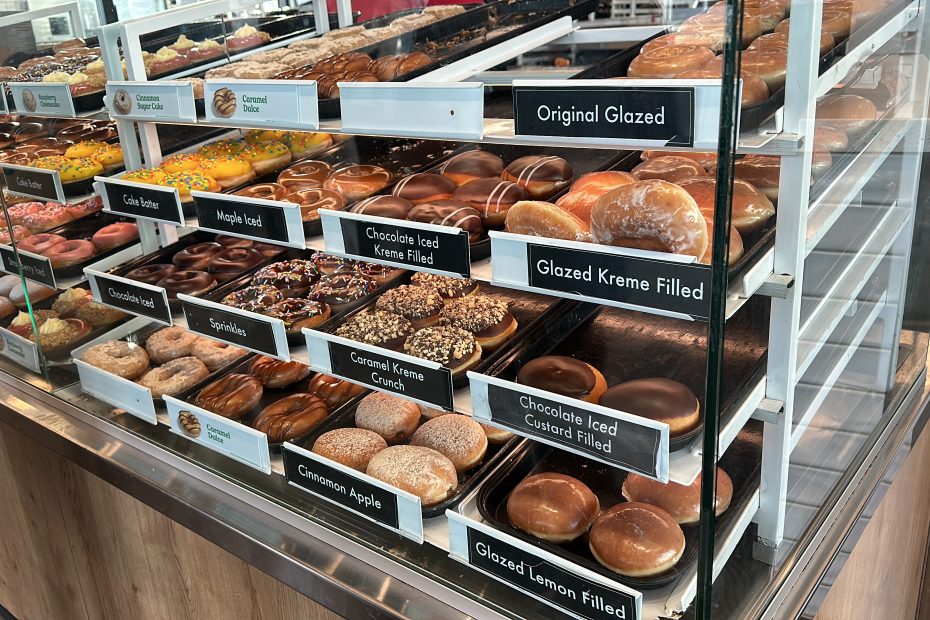 Donut display case at Krispy Kreme Donuts in Edmonton.